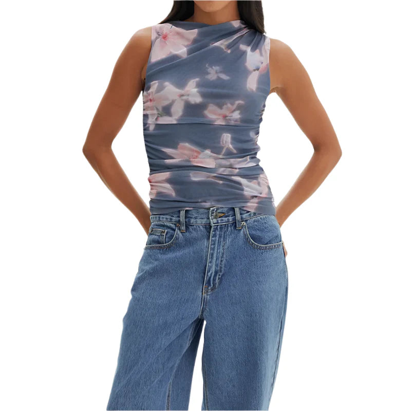 Women Casual Sleeveless Round Neck Chiffon Blouse | Chic Shirt Blouse | Summer Fitted Top Dark Blue