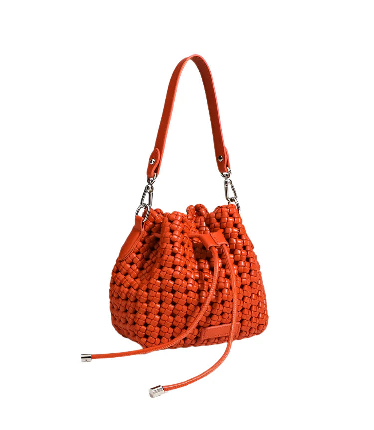 Women Leather Hollow Cut Woven Crossbody Bag Orange