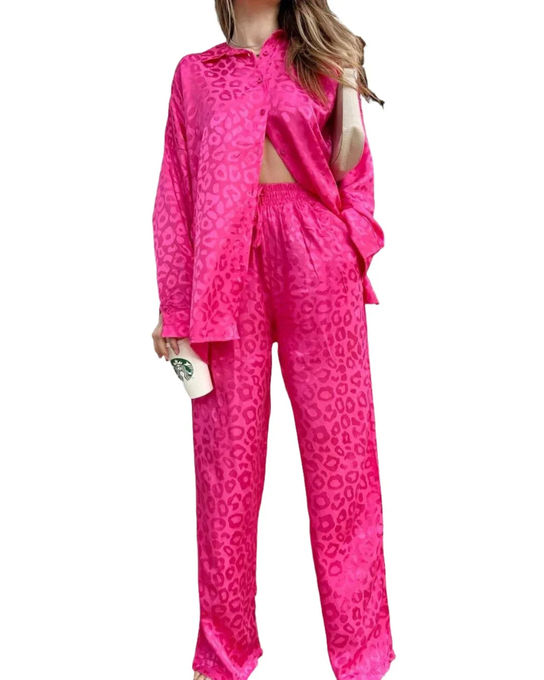 Women Satin Shirt and Wide Leg Trousers Suit | 2 Piece Leopard Print Set | Pajamas Set