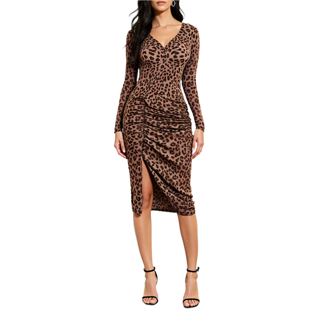 Women Leopard Print Long Sleeves Fitting Dress | V-Neck Dress | Cheetah Print Dress Leopard