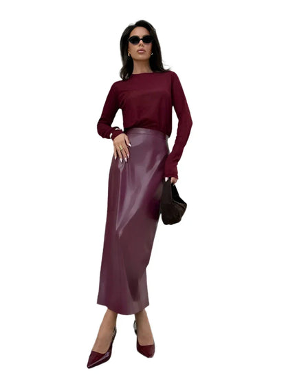 Women Burgundy Leather Long Skirt