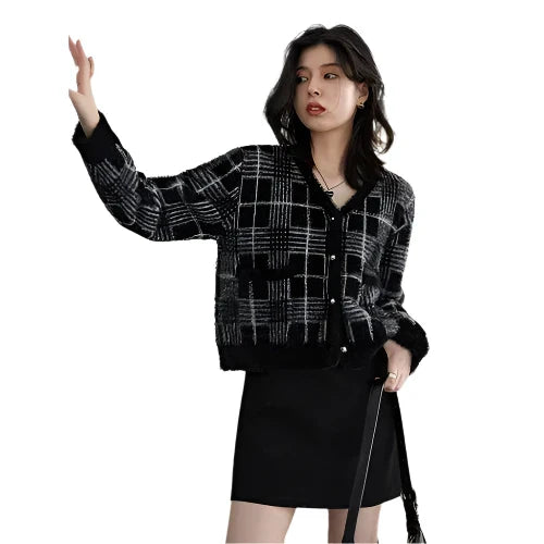 Women Knitted Plaid Cardigan | Knitted V-Neck Sweater Black