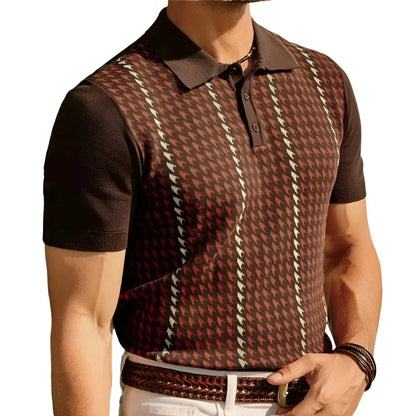 Men Classic Houndstooth Knitted Polo Shirt | Crochet Knit Polo Collar | Short Sleeve Pullover
