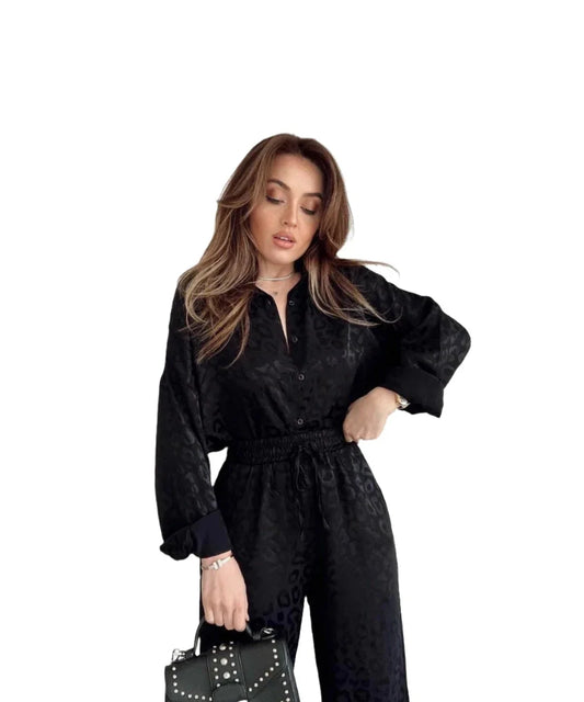 Women Satin Shirt and Wide Leg Trousers Suit | 2 Piece Leopard Print Set | Pajamas Set