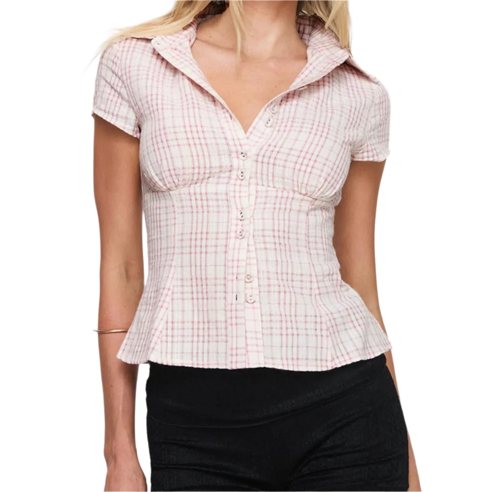 Women Short Sleeve Plaid Button Down Shirt | Button Down Blouse | Fitted Top