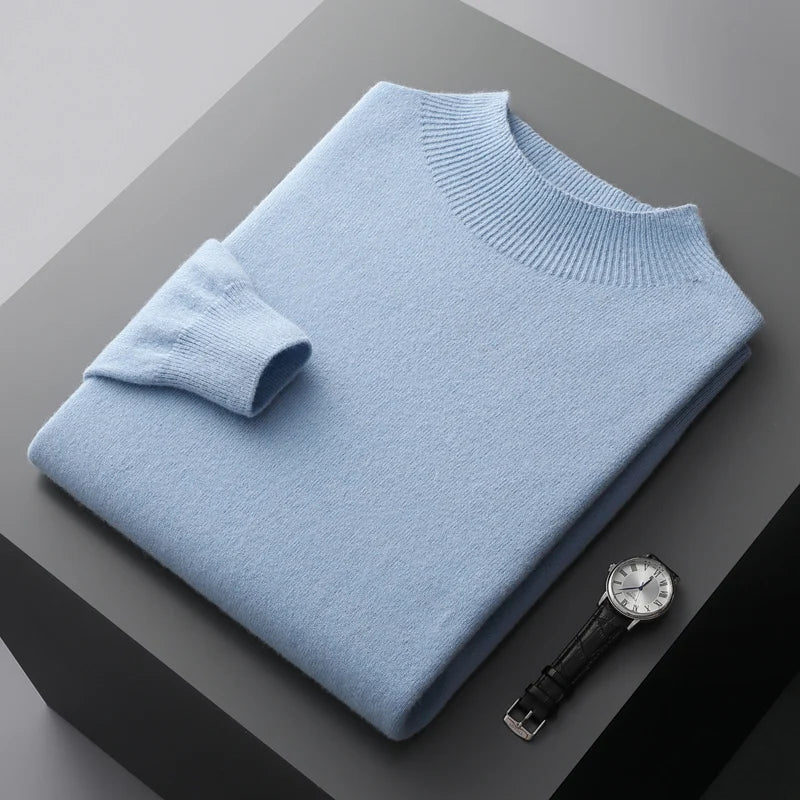 Men Mock Neck Cashmere Sweater | Pullover Semi-High Neck Pure Wool Sweater Sky Blue