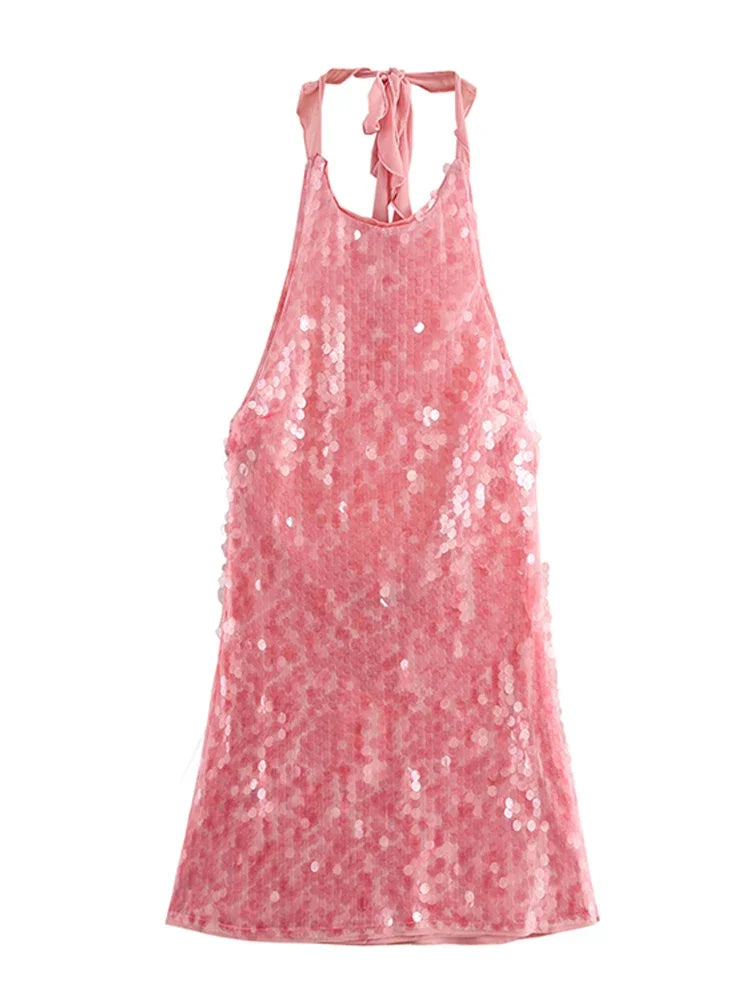 Women Sequin Halter Party Dress | Pink Slim Sleeveless Backless Mini Dress