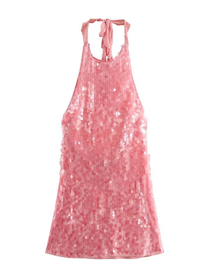Women Sequin Halter Party Dress | Pink Slim Sleeveless Backless Mini Dress