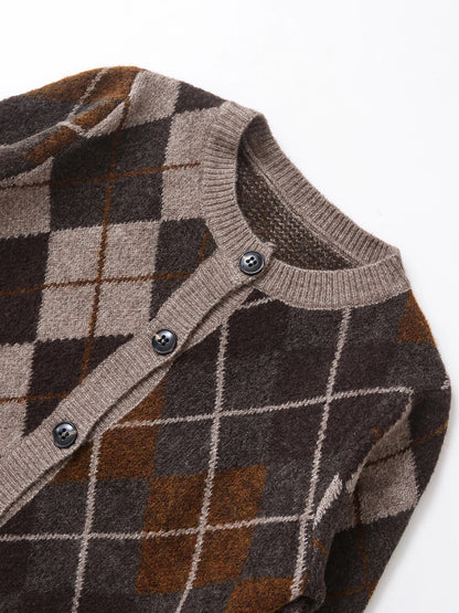 Women Argyle Knitted Cardigan | Diamond Pattern | Long Sleeved | Single Breasted Sweater