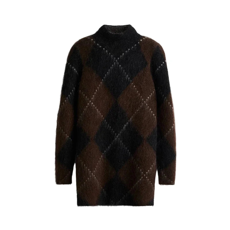 Women Printed Turtleneck Sweater Dress | Long Sleeve | Loose | Thick Knit Pullover | Fluffy Dress