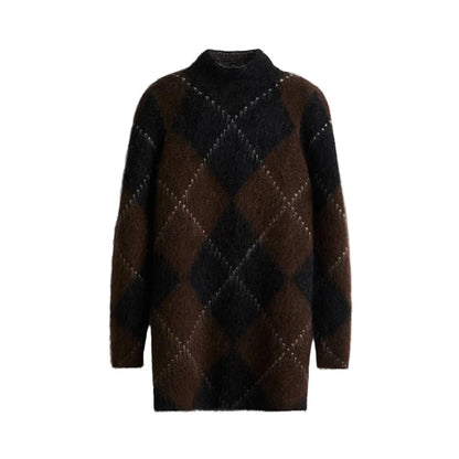 Women Printed Turtleneck Sweater Dress | Long Sleeve | Loose | Thick Knit Pullover | Fluffy Dress