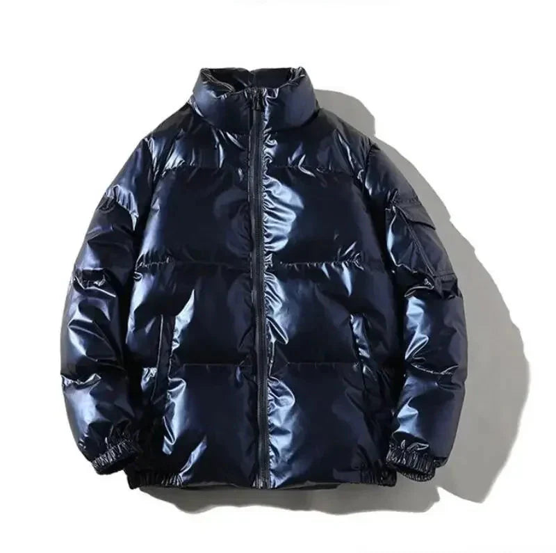Unisex Metallic Warm Winter Jacket | Thick Waterproof Puffer Jacket | Windproof Jacket Stand Collar Blue