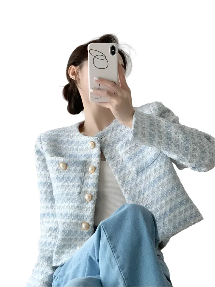Women Elegant Tweed Jacket with Pocket | Vintage Tweed Short Coat | Loose Cardigan