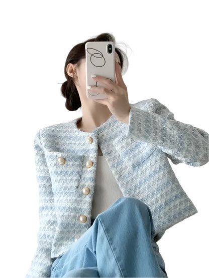Women Elegant Tweed Jacket with Pocket | Vintage Tweed Short Coat | Loose Cardigan