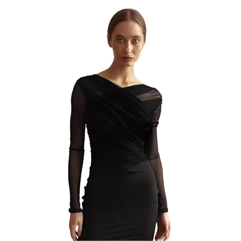 Women Cross Neck Mesh Crop Top | Pleated Long Sleeve See-Through Top Black