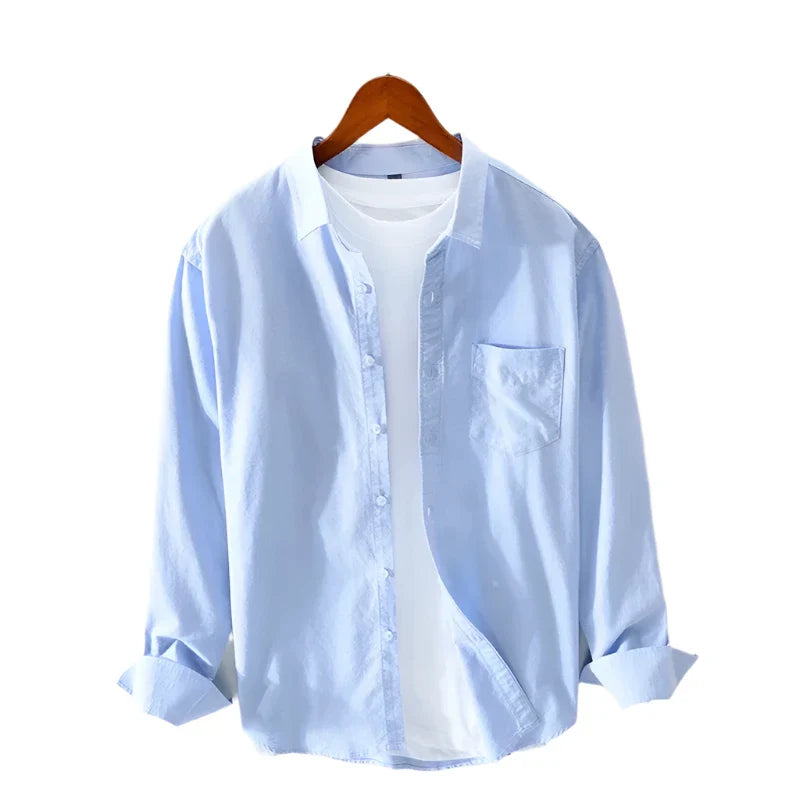Men Oxford Vintage Shirt | Solid Long Sleeve Button Down Sky Blue