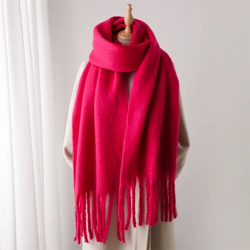 Women Warm Winter Cashmere Scarf | Thick Soft Tassel Shawl | Long Poncho | Echarpe | Pashmina Hot Pink