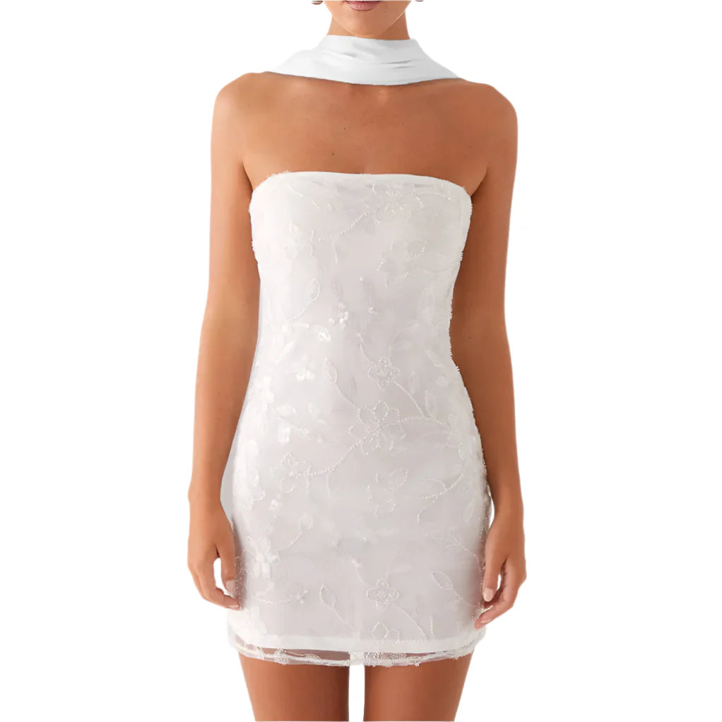 Women Summer Sequin Mini Bandeau Dress | Sleeveless | Off Shoulder | Flower Embroidery Tube Top Dress with Scarf white