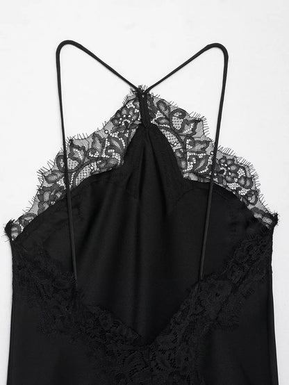 Women Lace Spliced Sling Dress | Sleeveless | Backless | Asymmetrical | Holiday | Party Wear