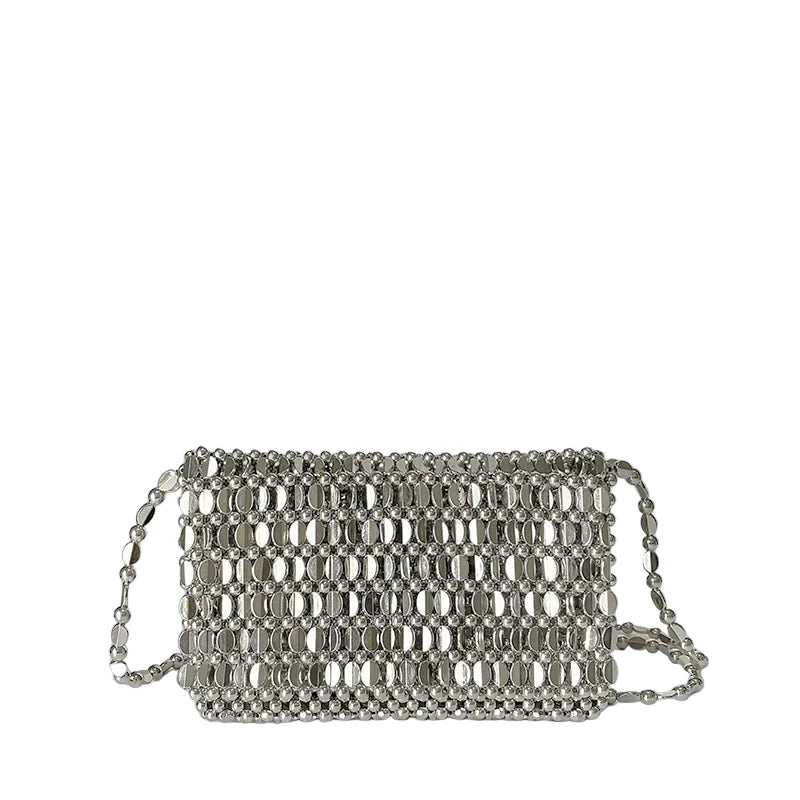 Women Bling Retro Silver Beaded Shoulder Bag | Handmade | Small Purse | Party Silver