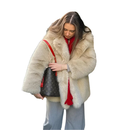 Women Winter Luxury Long Fur Coat | Thick Warm Fur Overcoat beige