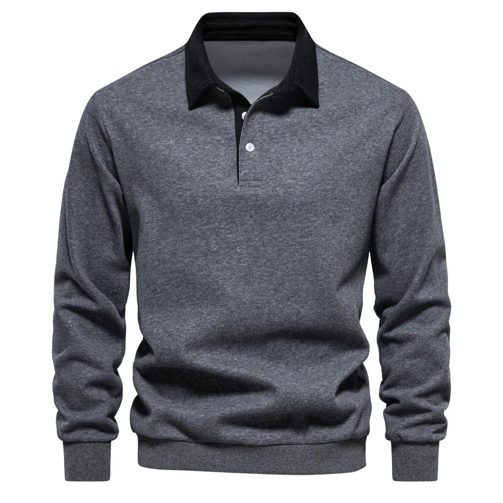 Cotton Polo Neck Sweatshirt for Men | Casual Collared Sweatshirt Dark Grey