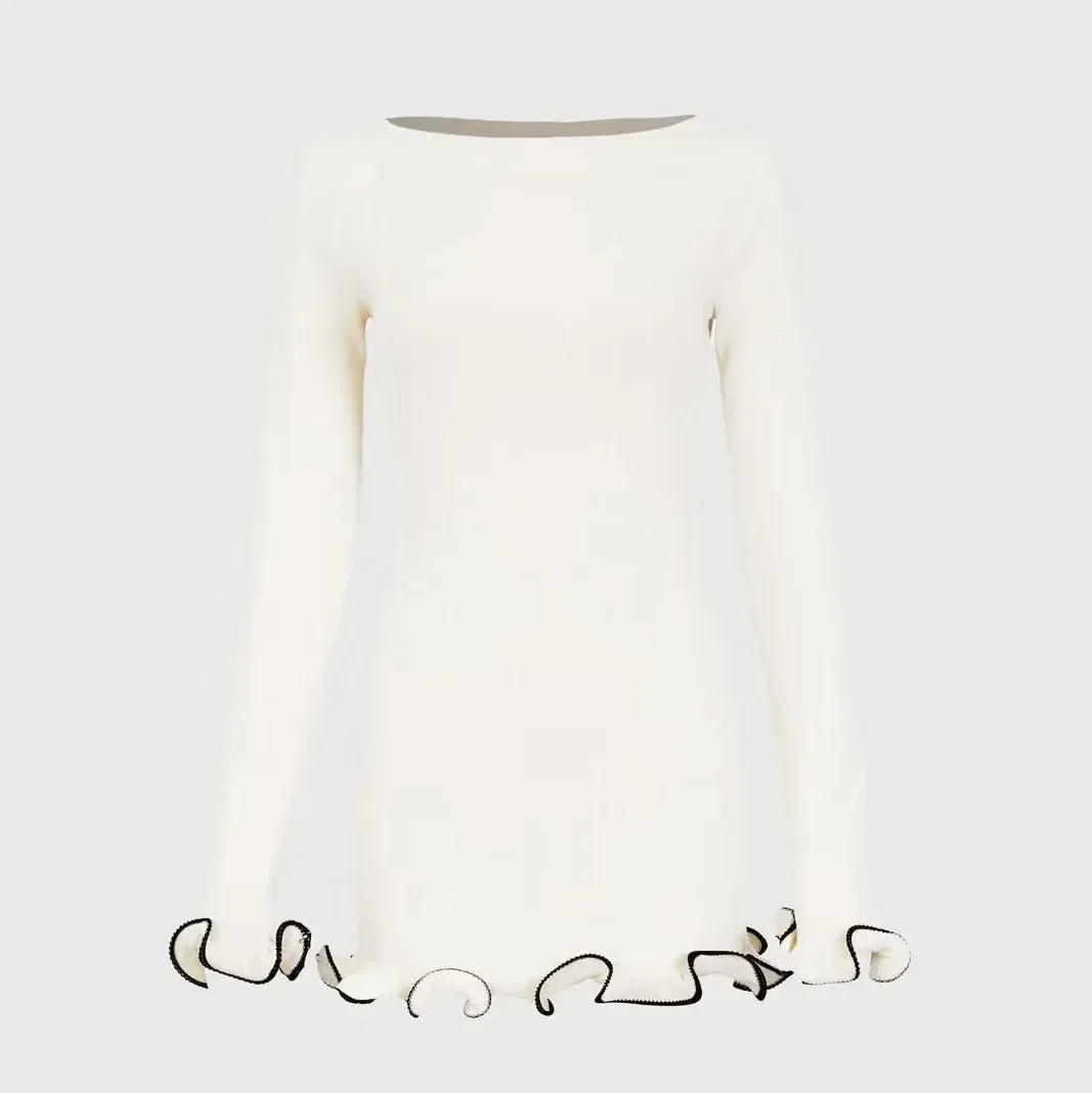Women Color Contrast Knitted Mini Dress | Long Sleeves Party Dress White