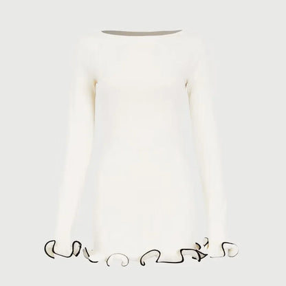 Women Color Contrast Knitted Mini Dress | Long Sleeves Party Dress White