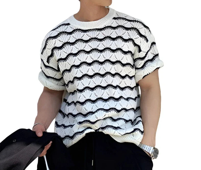 Men Knitted Shirt | Men Striped Summer Shirt | Short Sleeve | Hollow Out Knit White
