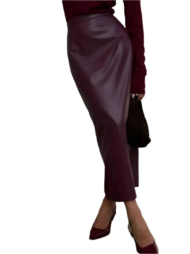 Women Burgundy Leather Long Skirt