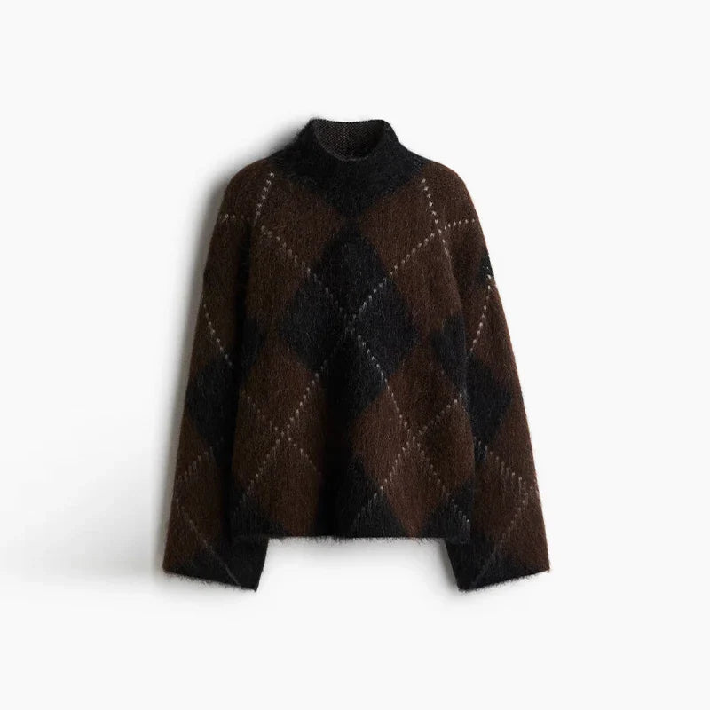Women Printed Turtleneck Sweater | Set | Long Sleeve | Loose | Thick Knit Pullover | Mini Skirt | Fluffy