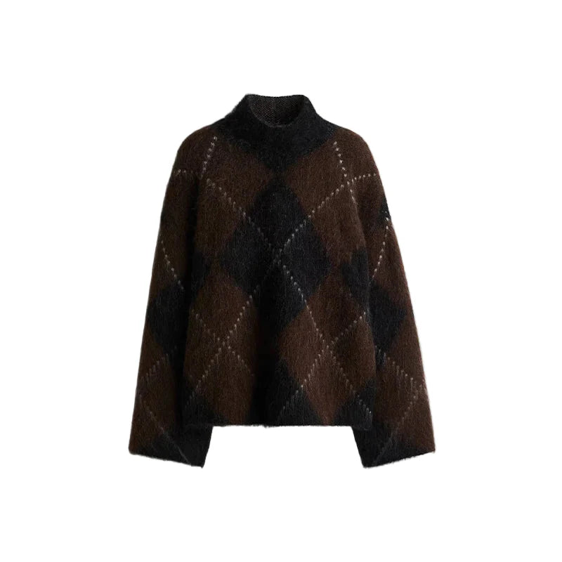 Women Printed Turtleneck Sweater | Set | Long Sleeve | Loose | Thick Knit Pullover | Mini Skirt | Fluffy Sweater Top