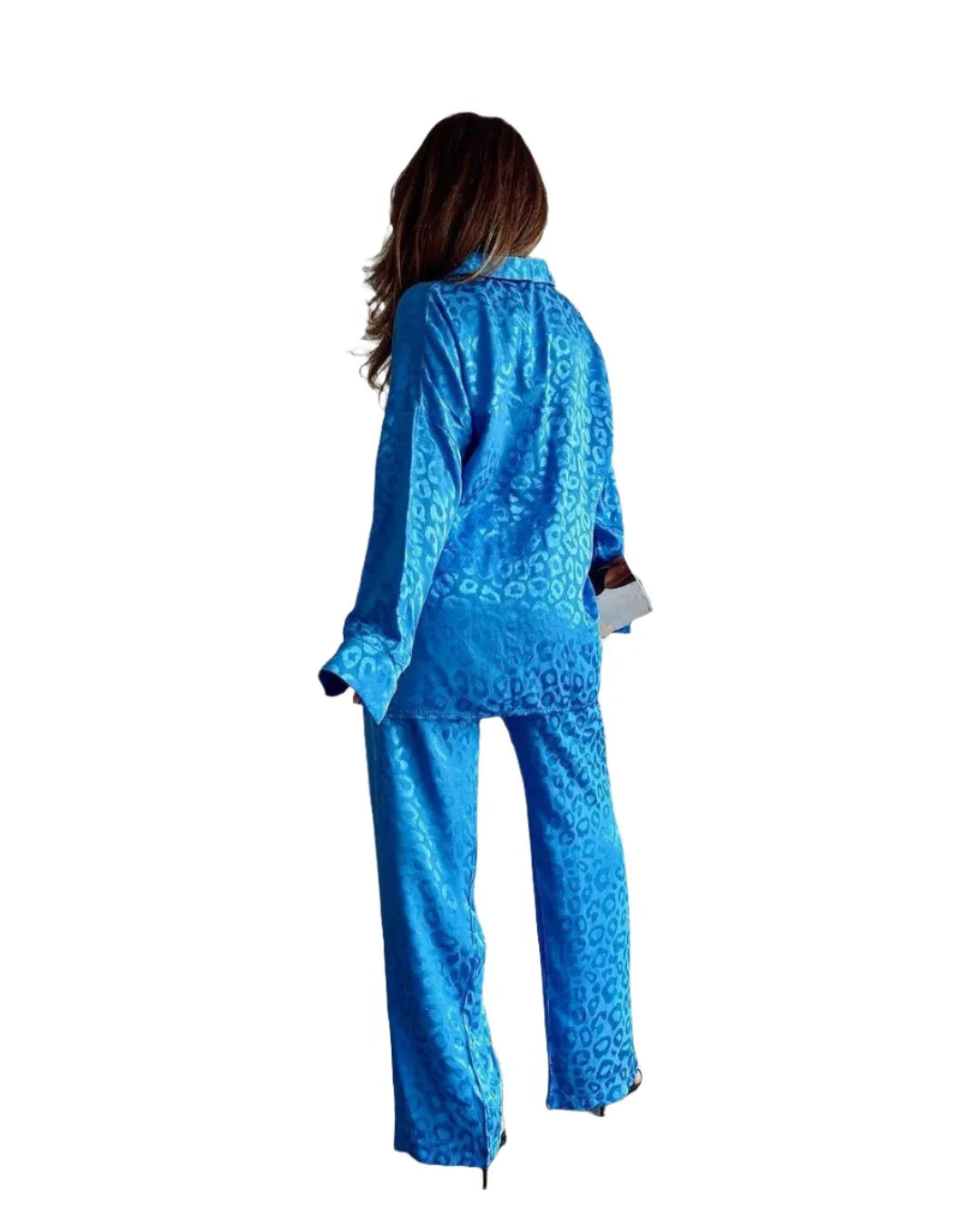 Women Satin Shirt and Wide Leg Trousers Suit | 2 Piece Leopard Print Set | Pajamas Set