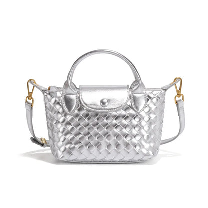 Women Woven Shoulder Bag | Small Dumpling Bag | Bucket Bag | Crossbody Bag | Lunch Box Bag Silver