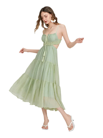 Women Summer Flowy Long Dress | Spaghetti Strap Backless Ruffled A-line Dress | Bohemian Holiday Sundress