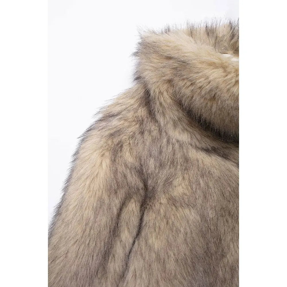 Women Warm Khaki Fur High Collar Jacket | Fur Coat Pullover Hoodie Style