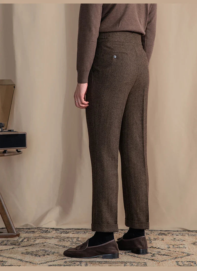 Men Vintage Wool Herringbone Pattern Pants | Casual | British | Warm | High Waist | Straight Pants