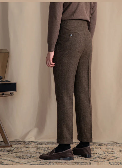 Men Vintage Wool Herringbone Pattern Pants | Casual | British | Warm | High Waist | Straight Pants
