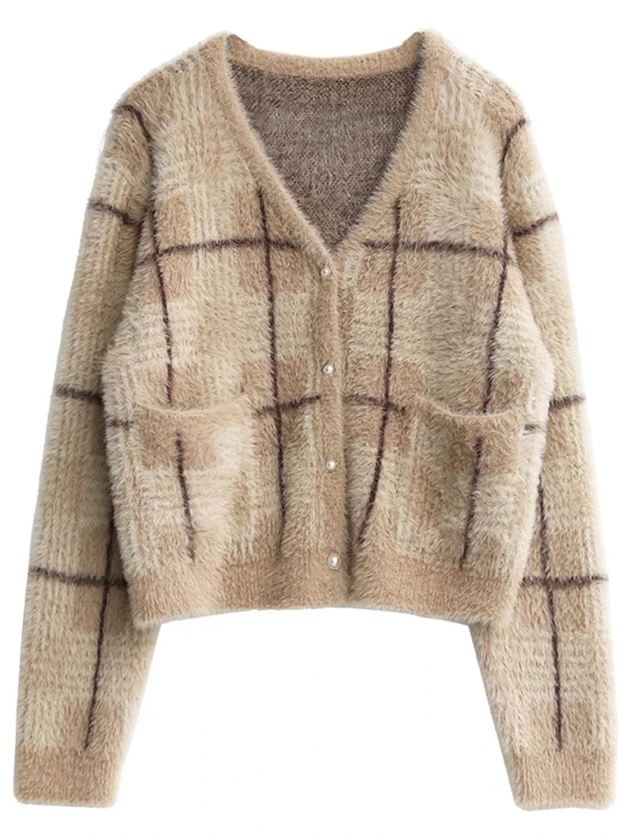 Women Knitted Plaid Cardigan | Knitted V-Neck Sweater Coffee