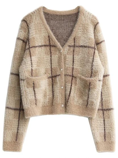 Women Knitted Plaid Cardigan | Knitted V-Neck Sweater Coffee