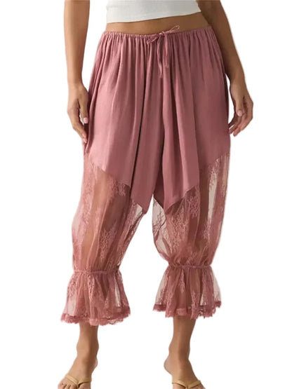 Women Loose Fit Bloomers Cropped Pants | High Waist | Floral Lace | Lantern Trousers