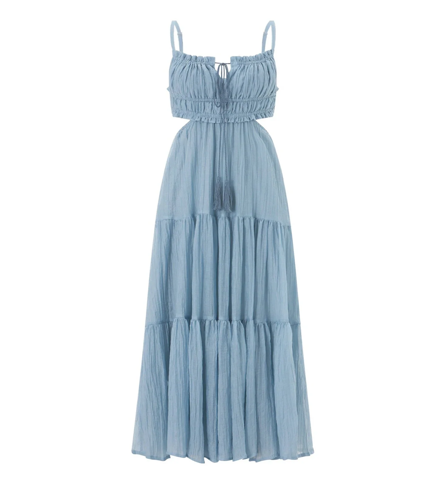 Women Summer Flowy Long Dress | Spaghetti Strap Backless Ruffled A-line Dress | Bohemian Holiday Sundress Blue