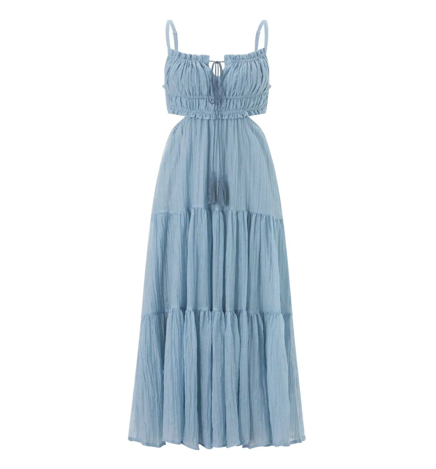 Women Summer Flowy Long Dress | Spaghetti Strap Backless Ruffled A-line Dress | Bohemian Holiday Sundress Blue