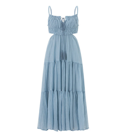 Women Summer Flowy Long Dress | Spaghetti Strap Backless Ruffled A-line Dress | Bohemian Holiday Sundress Blue