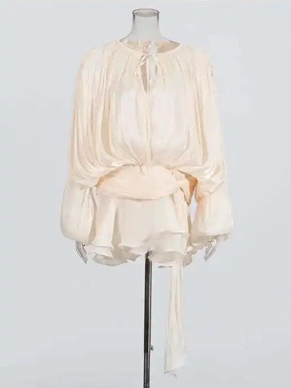 Women Flowy Mini Dress | V Neck | Long Sleeve | Spliced | Lace Up | Blouse Dress Apricot