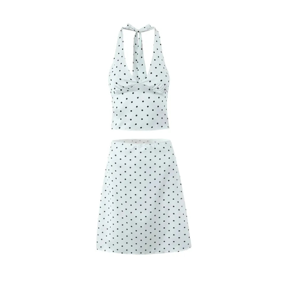 Women Polka Dot Print Top | Two-piece Set | Halter Neck Vest Top | Low Waist Skirt White Suit