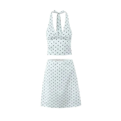 Women Polka Dot Print Top | Two-piece Set | Halter Neck Vest Top | Low Waist Skirt White Suit