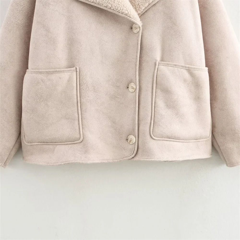Women Loose Double Sided Collar Long Sleeve Warm Fur Jacket | Shearling Jacket