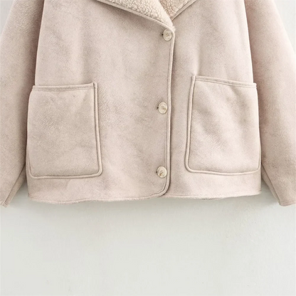 Women Loose Double Sided Collar Long Sleeve Warm Fur Jacket | Shearling Jacket