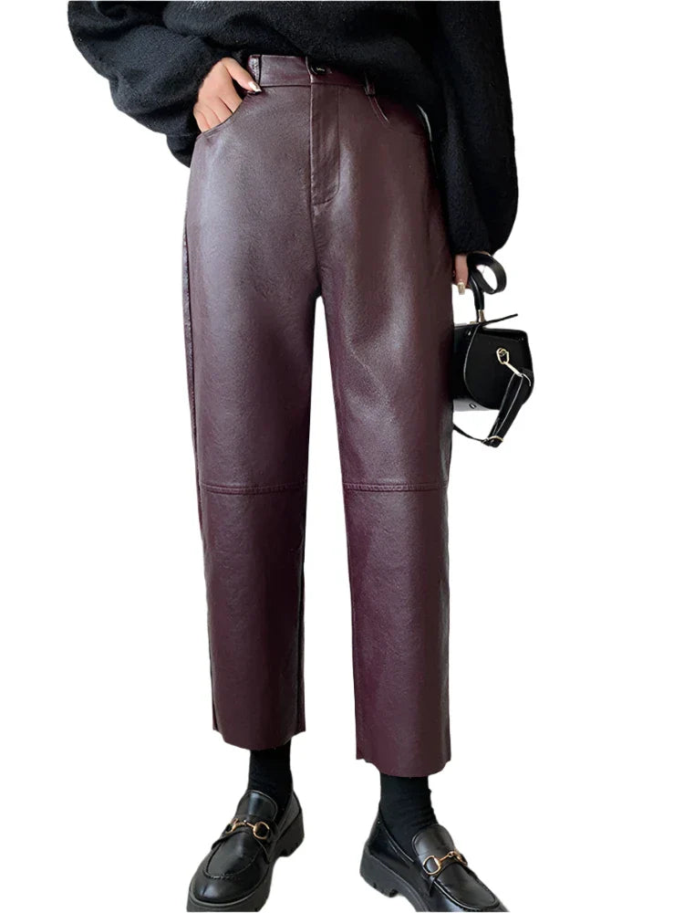 Women Wide Leg High Waist Leather Pants | Casual Loose Ankle Length Trousers Cherry Red